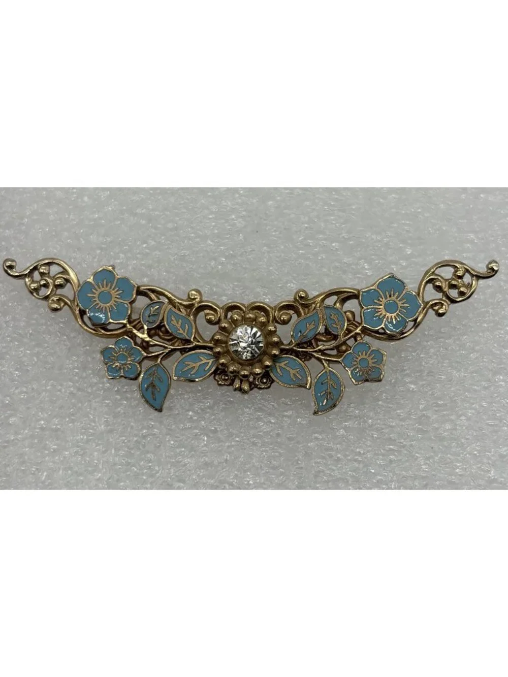 Vintage Blue Enamel and Gold Tone Bar Brooch Pin With Rhinestone Center Unsigned